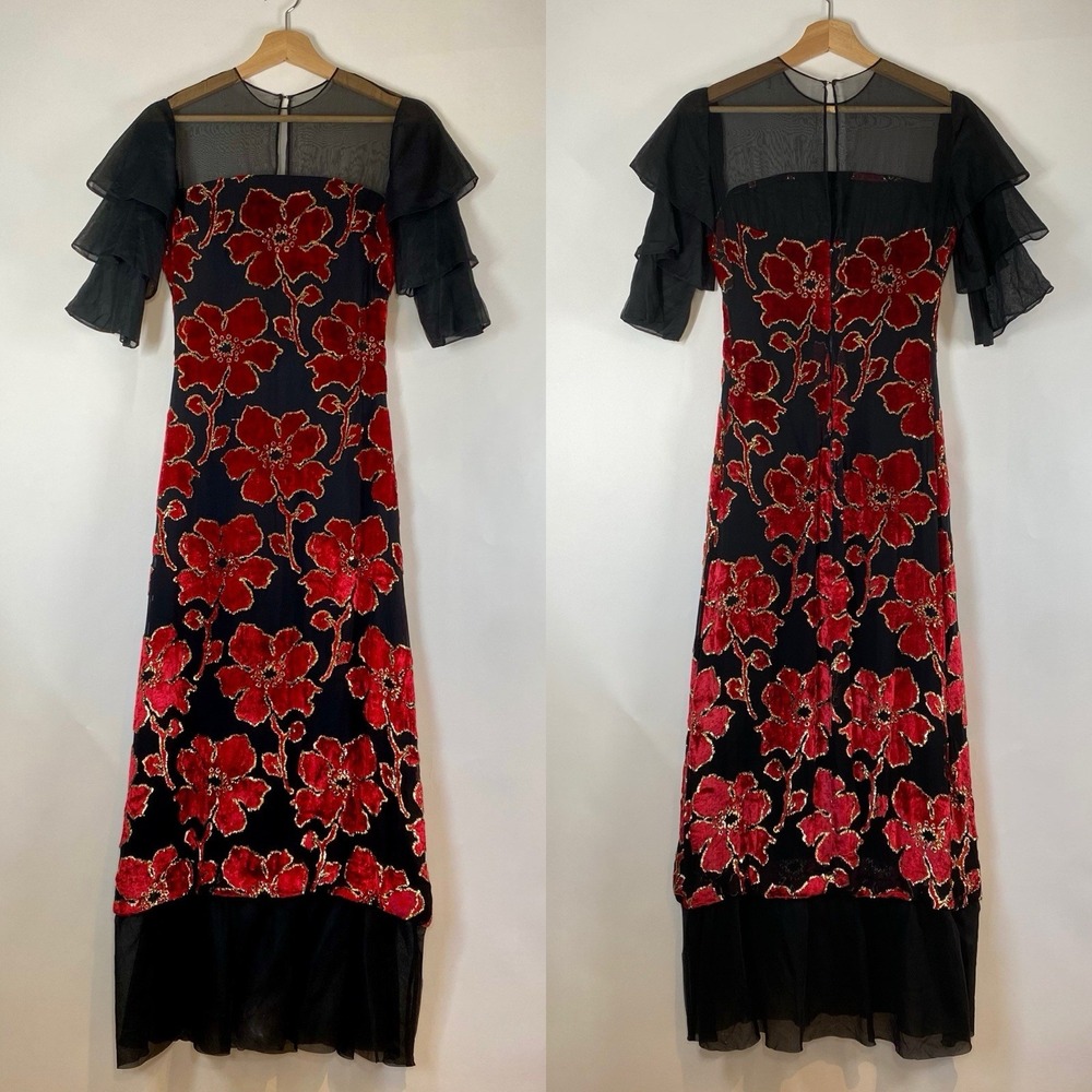 Floral Burnout Velvet Maxi Dress Edwardian Gala Phoebe Sheer Ruffle Whimsigoth